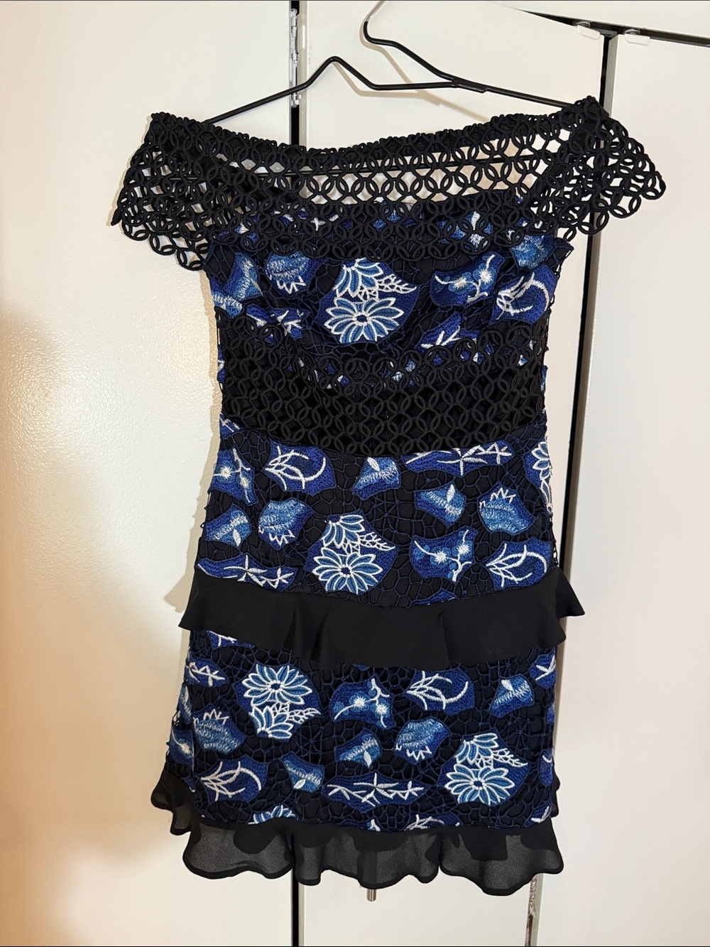 Topshop Blue and Black Floral Off-Shoulder Mini Dress